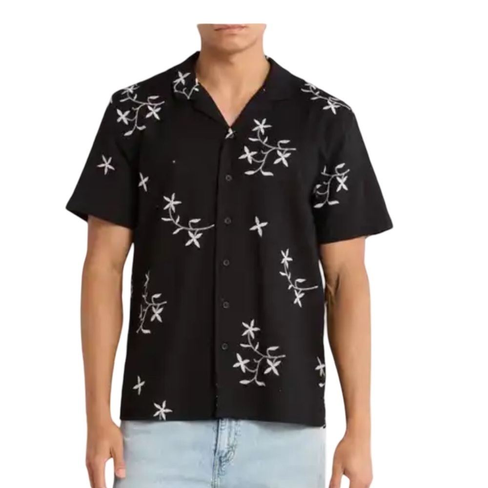 Truth By Republic Black Floral Embroidered Linen Blend Camp Shirt NWT Size M